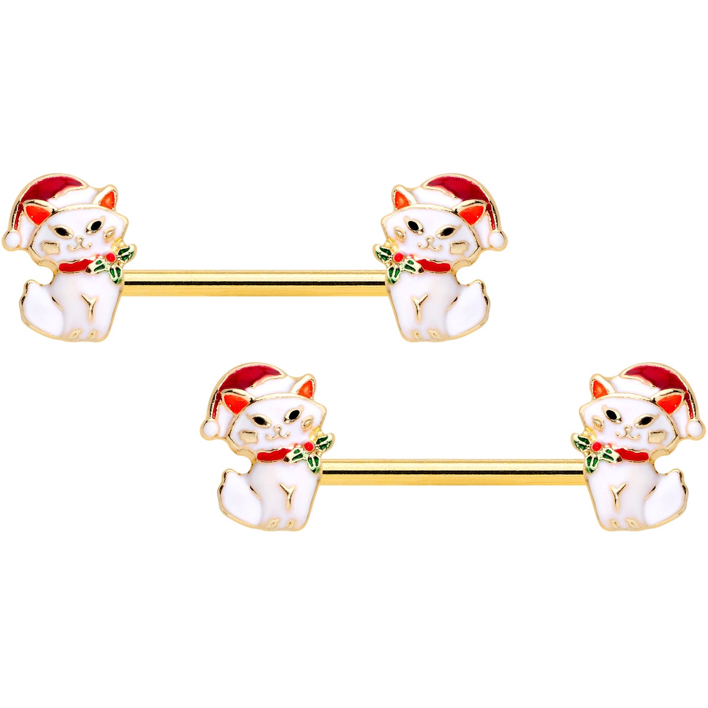 14G 9/16 Gold Tone Cat Santa Christmas Barbell Nipple Ring Set