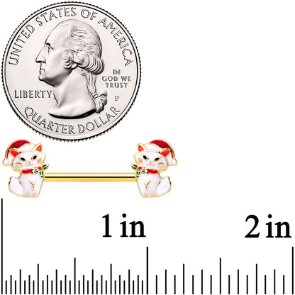14G 9/16 Gold Tone Cat Santa Christmas Barbell Nipple Ring Set