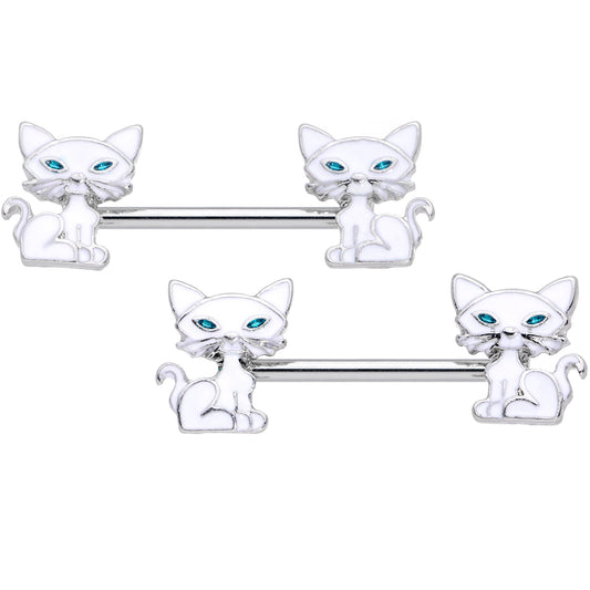 14G 9/16 Blue Eyed White Cat Barbell Nipple Ring Set