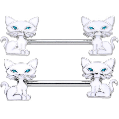14G 9/16 Blue Eyed White Cat Barbell Nipple Ring Set