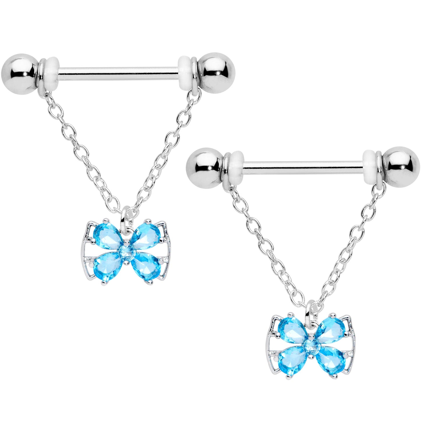 14G 11/16 Aqua CZ Gem Beauty Bow Chain Dangle Nipple Ring Set