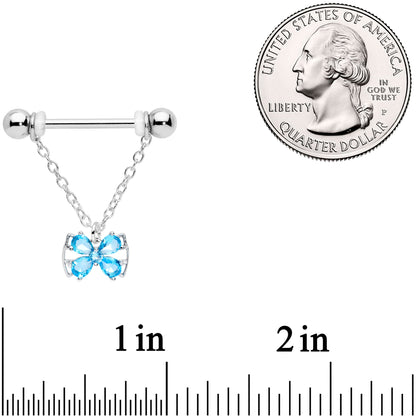 14G 11/16 Aqua CZ Gem Beauty Bow Chain Dangle Nipple Ring Set