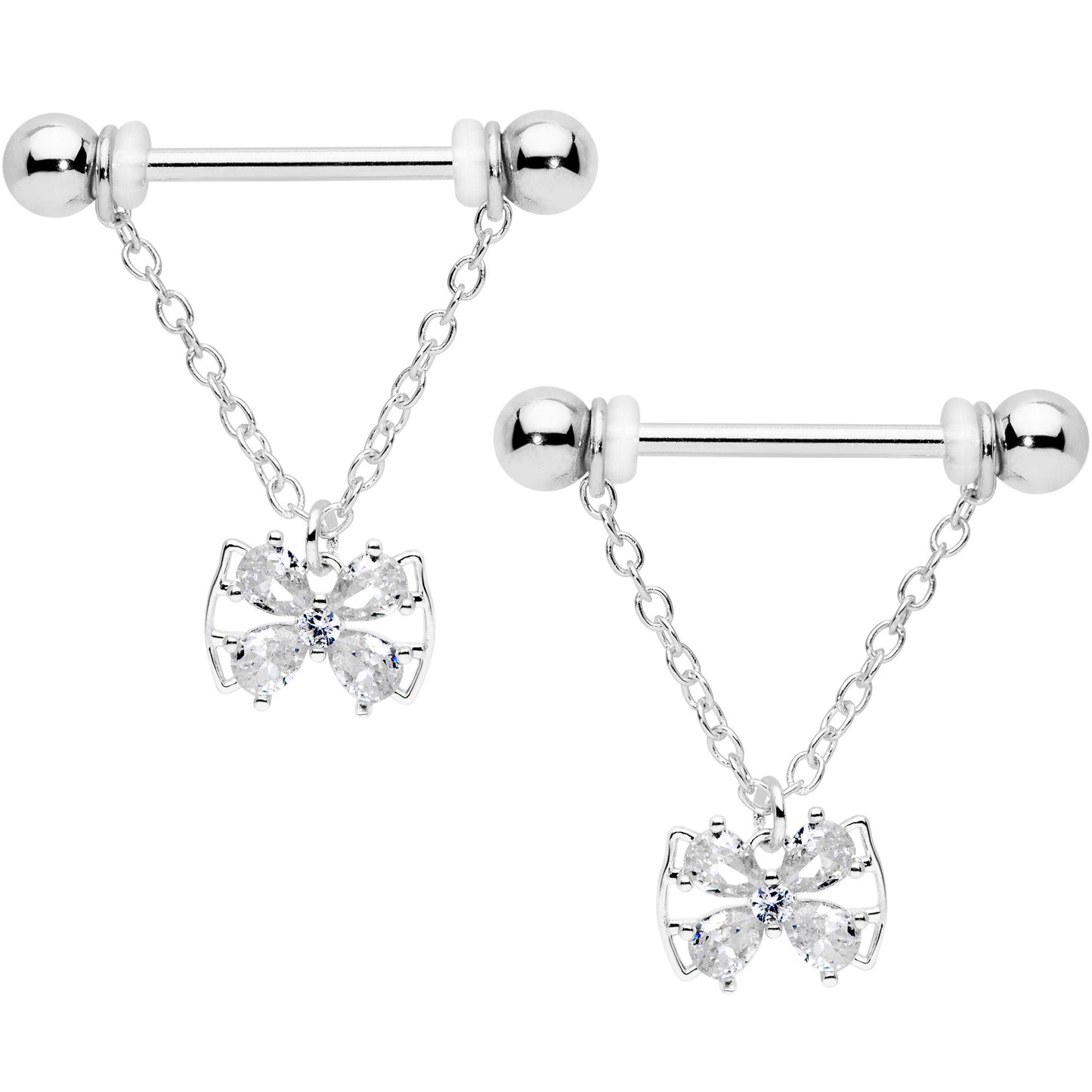 14G 11/16 Clear CZ Gem Beauty Bow Chain Dangle Nipple Ring Set