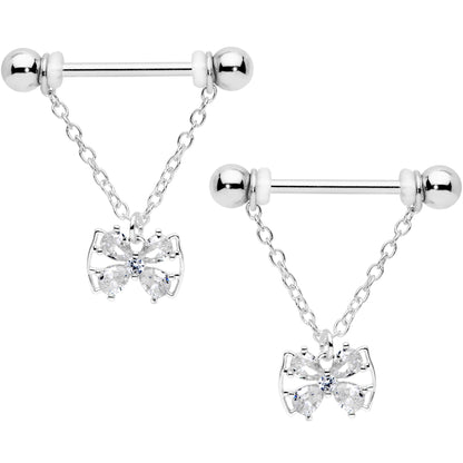 14G 11/16 Clear CZ Gem Beauty Bow Chain Dangle Nipple Ring Set