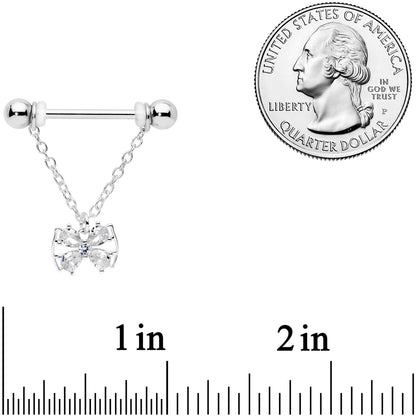 14G 11/16 Clear CZ Gem Beauty Bow Chain Dangle Nipple Ring Set
