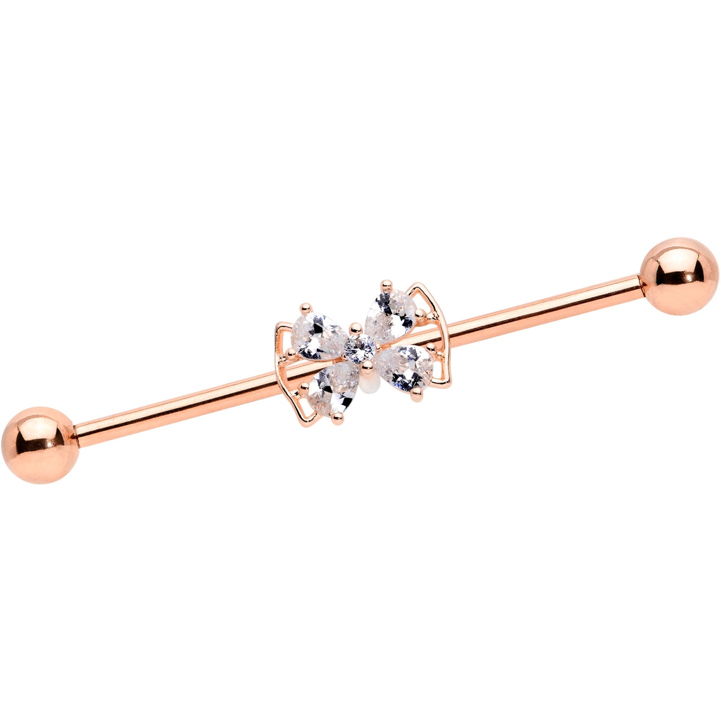 14G Clear CZ Gem Rose Gold Hue Beauty Bow Industrial Barbell 38mm