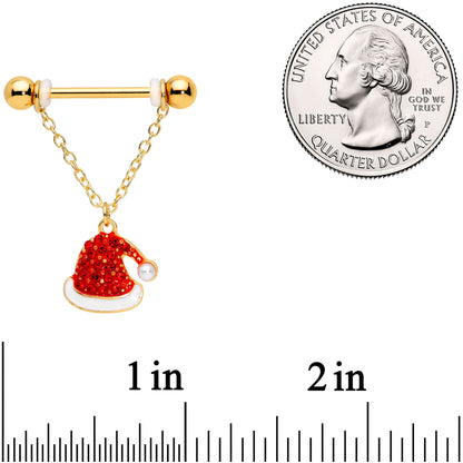14G 9/16 Red Gem Gold Tone Santa Christmas Dangle Nipple Ring Set