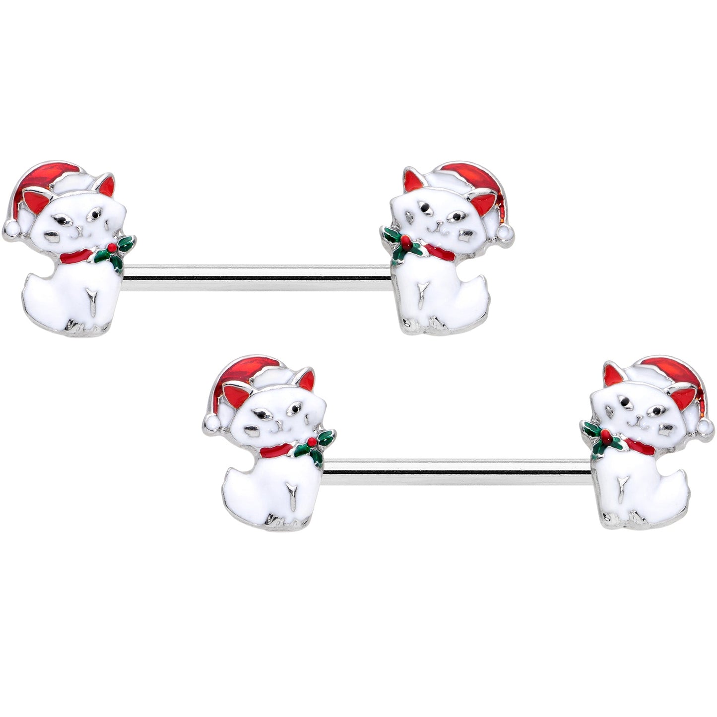 14G 9/16 White Cat Santa Hat Christmas Barbell Nipple Ring Set