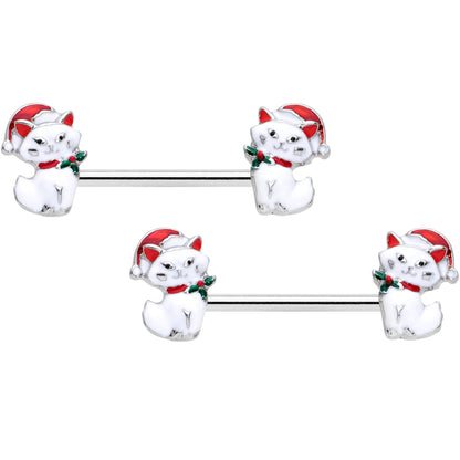 14G 9/16 White Cat Santa Hat Christmas Barbell Nipple Ring Set
