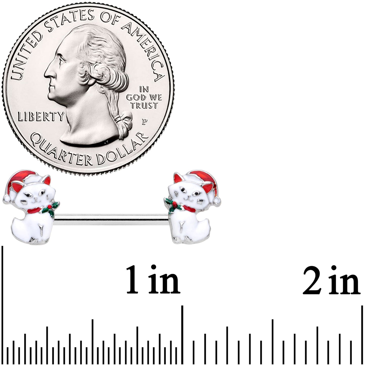 14G 9/16 White Cat Santa Hat Christmas Barbell Nipple Ring Set