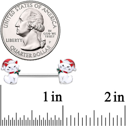 14G 9/16 White Cat Santa Hat Christmas Barbell Nipple Ring Set