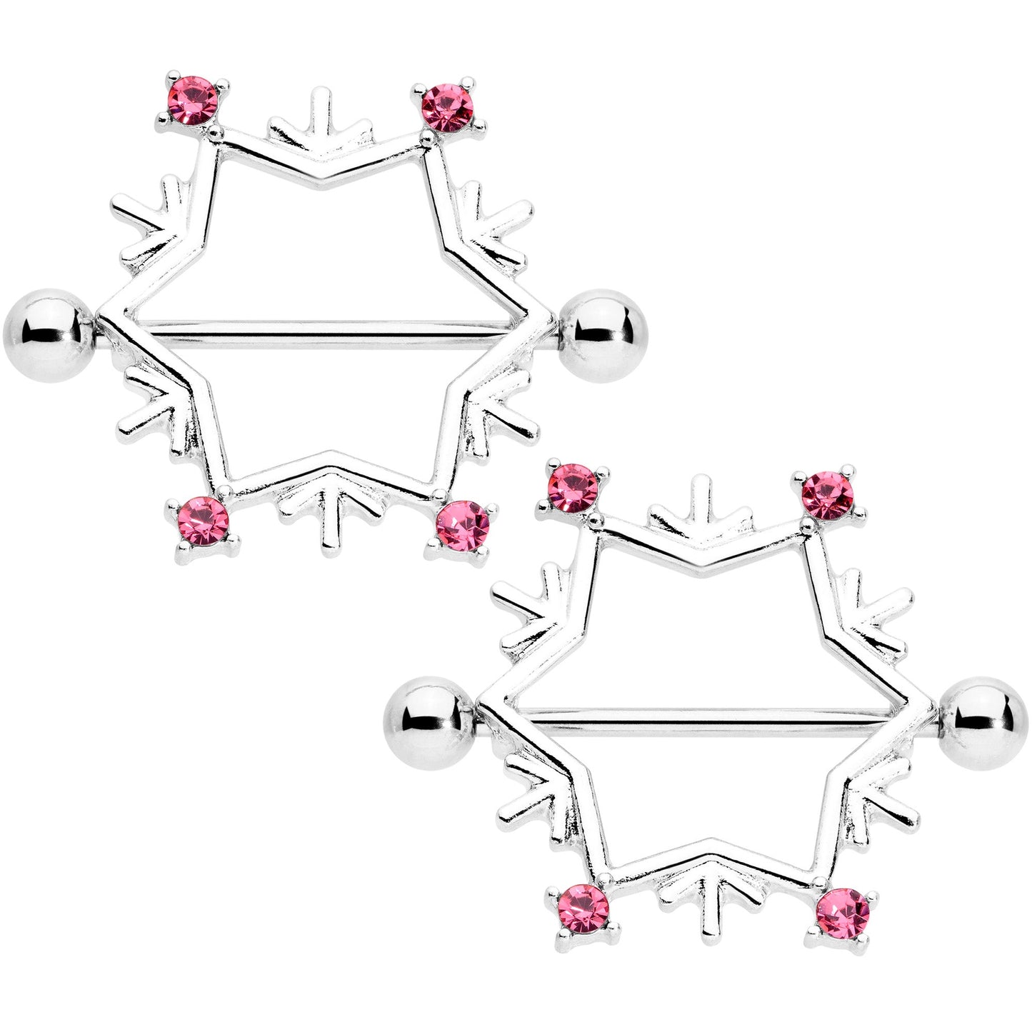 14G 3/4 Pink Gem Snowflake Christmas Nipple Shield Set