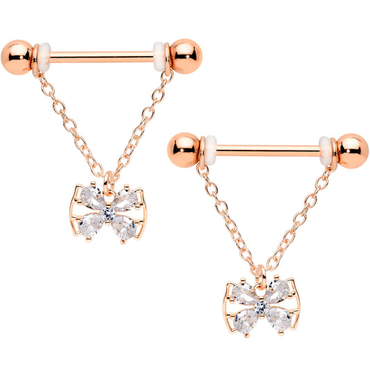 14G 11/16 Clear CZ Gem Rose Gold Hue Bow Chain Nipple Ring Set