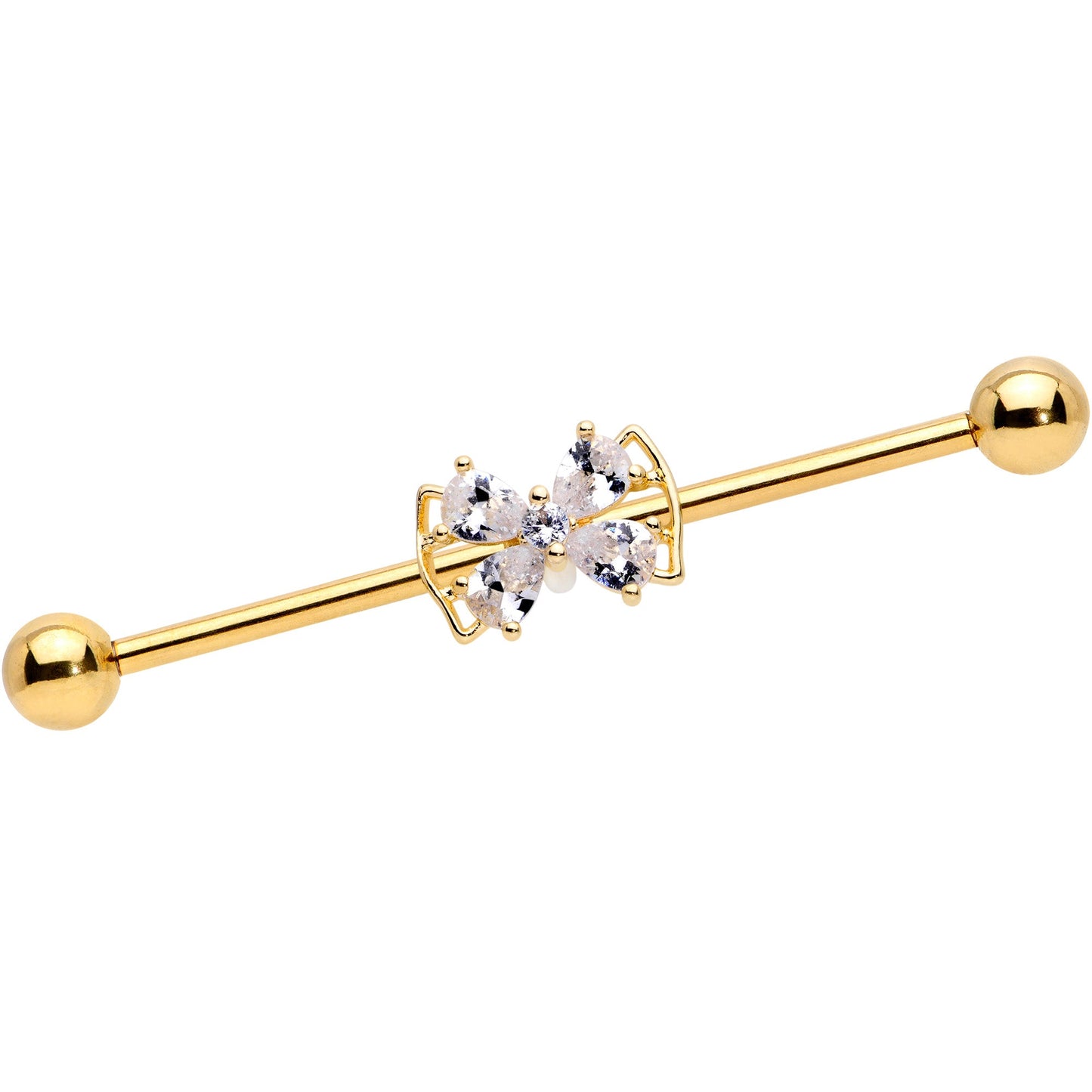 14G Clear CZ Gem Gold Tone Beauty Bow Industrial Barbell 38mm