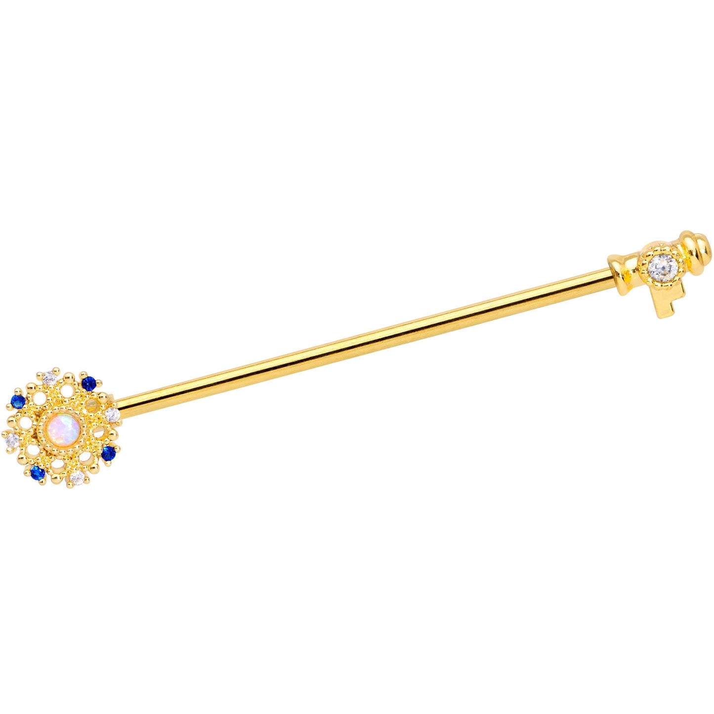 14G White Synthetic Opal Gold Tone Key Industrial Barbell 38mm