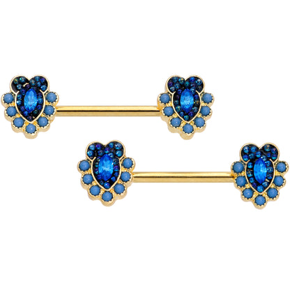 14G 9/16 Blue Gem Gold Tone Opulent Oval Barbell Nipple Ring Set