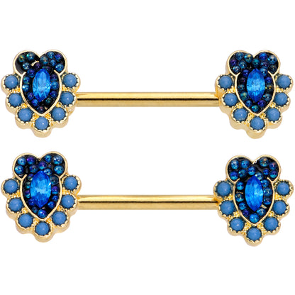 14G 9/16 Blue Gem Gold Tone Opulent Oval Barbell Nipple Ring Set