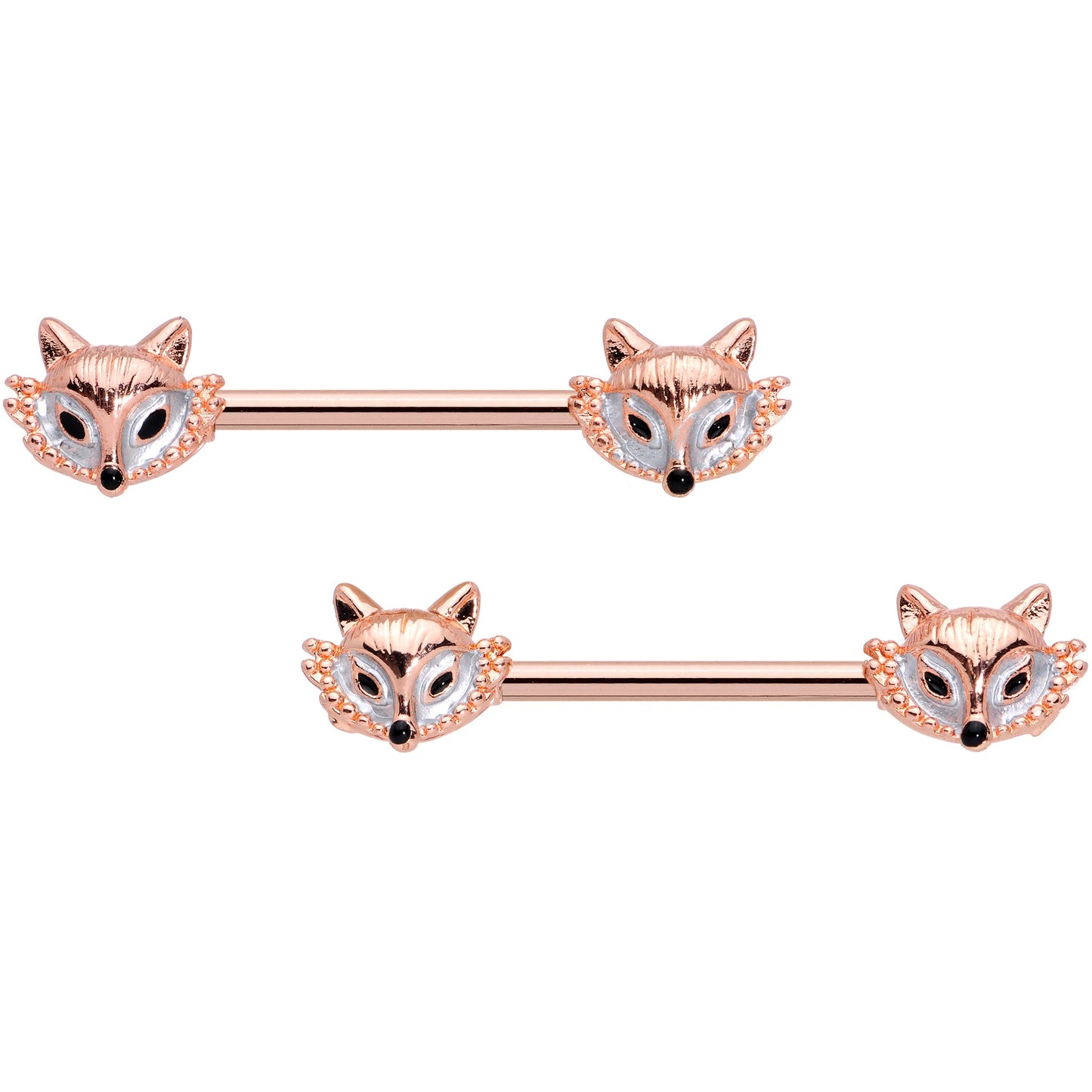 14G 9/16 Rose Gold Tone Fashion Fox Barbell Nipple Ring Set
