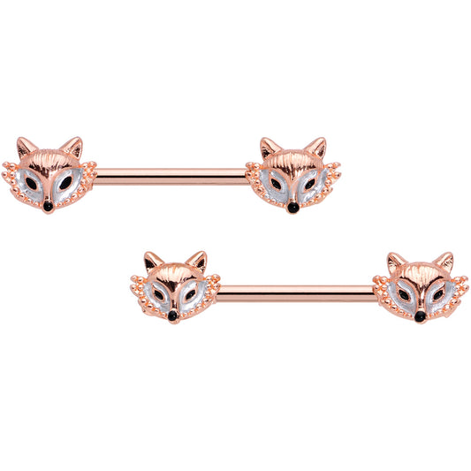 14G 9/16 Rose Gold Tone Fashion Fox Barbell Nipple Ring Set