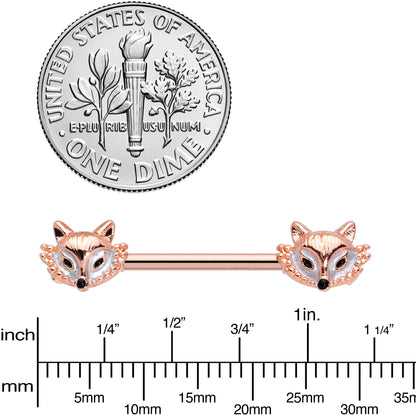 14G 9/16 Rose Gold Tone Fashion Fox Barbell Nipple Ring Set