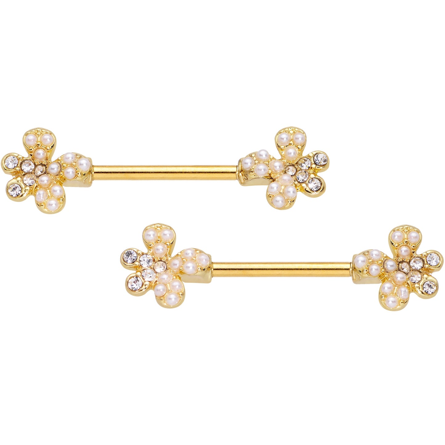 14G 9/16 Clear Gem Gold Tone Style Splat Barbell Nipple Ring Set