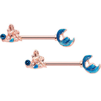 14G 9/16 Aqua Gem Rose Gold Tone Gazing Mermaids Nipple Ring Set