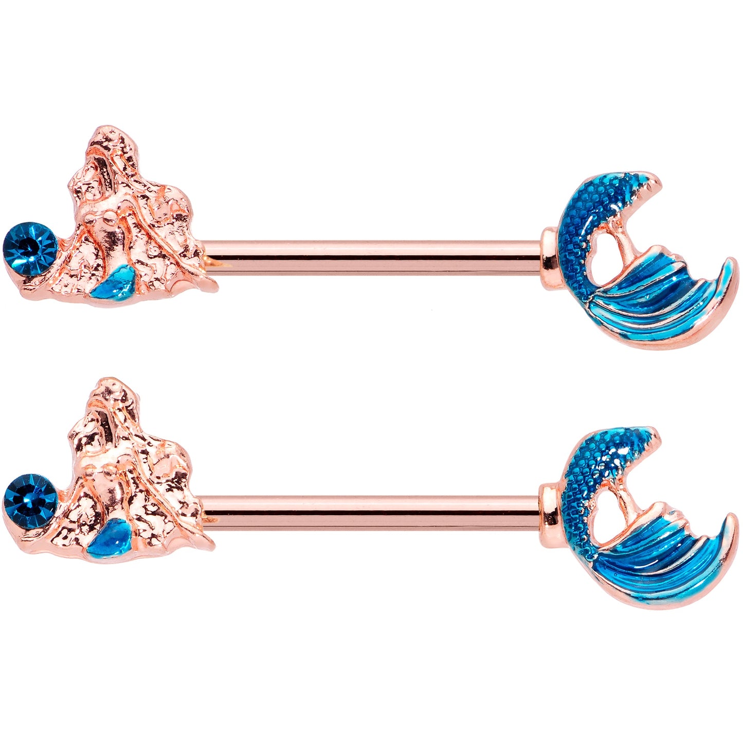 14G 9/16 Aqua Gem Rose Gold Tone Gazing Mermaids Nipple Ring Set