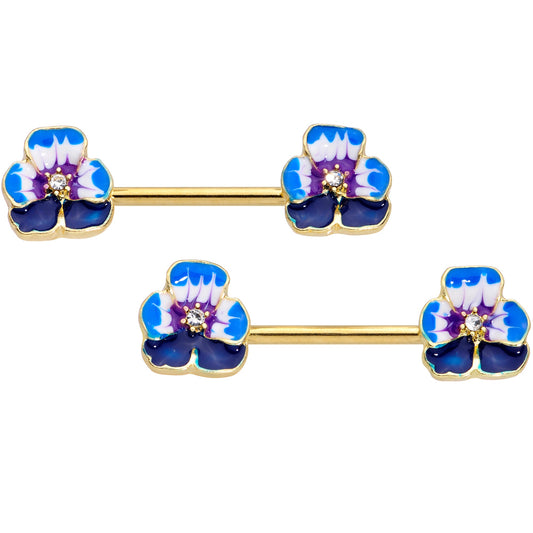 14G 9/16 Clear Gem Gold Tone Blue Spring Flower Nipple Ring Set