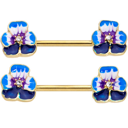 14G 9/16 Clear Gem Gold Tone Blue Spring Flower Nipple Ring Set