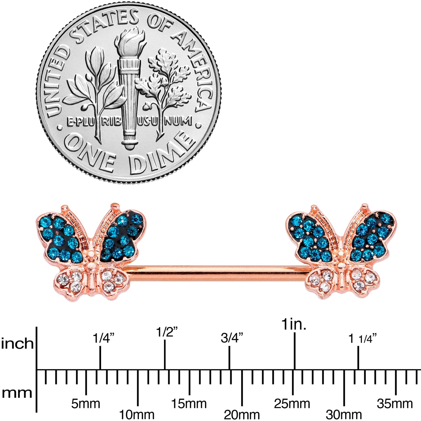 14G 9/16 Clear Aqua Gem Rose Gold Tone Butterfly Nipple Ring Set