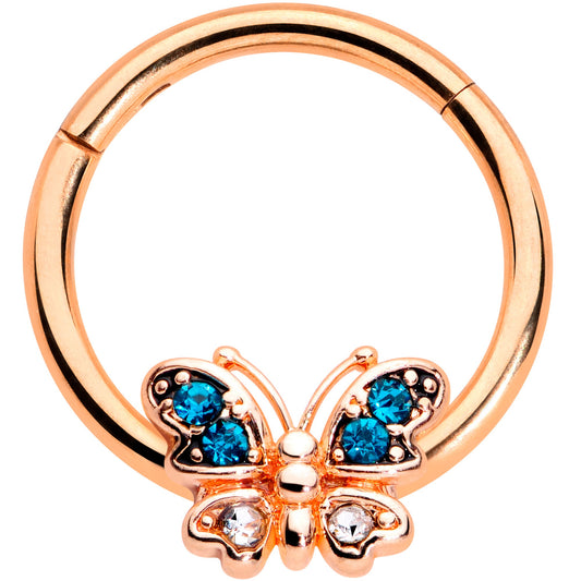 16G 3/8 Aqua Gem Rose Gold Tone Butterfly Hinged Segment Ring