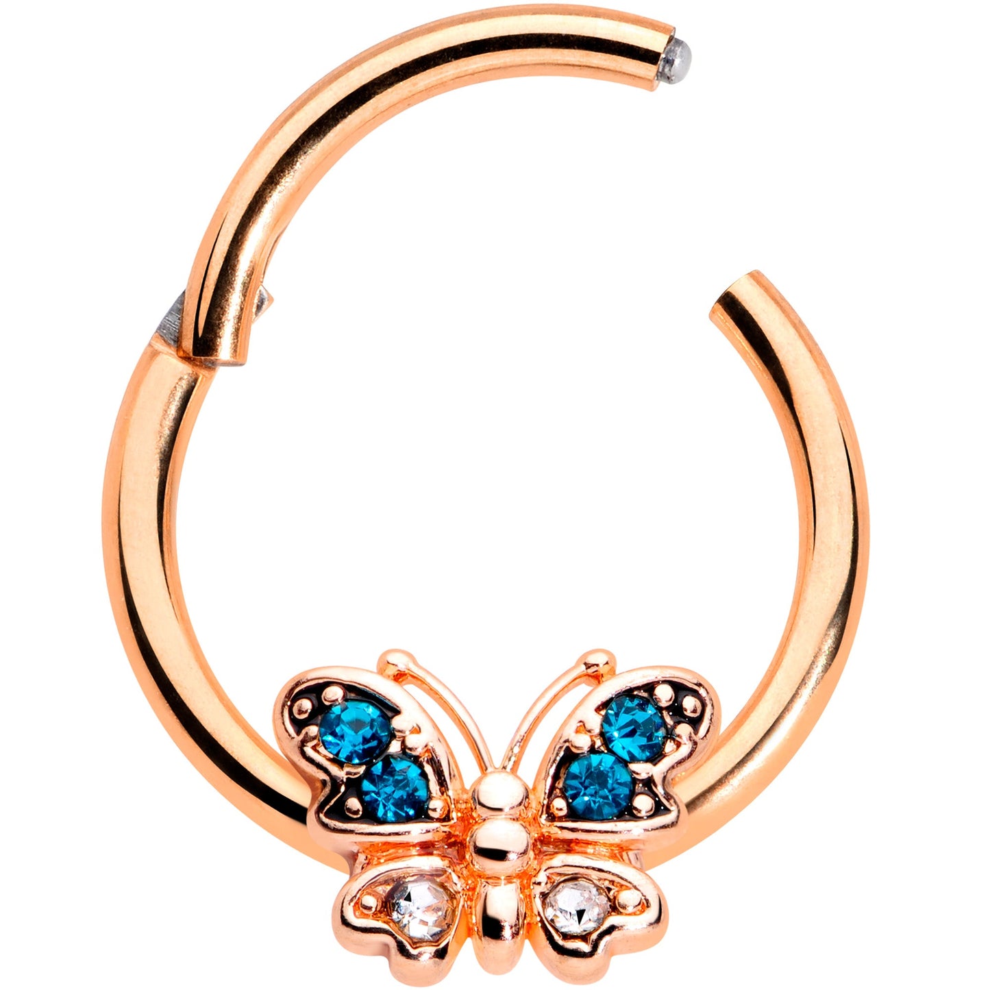16G 3/8 Aqua Gem Rose Gold Tone Butterfly Hinged Segment Ring