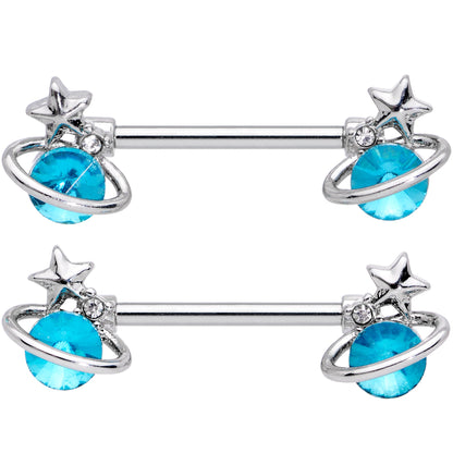 14G 9/16 Aqua Gem Star Saturn Barbell Nipple Ring Set