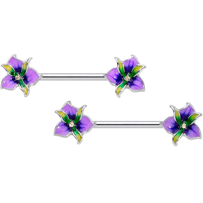 14G 9/16 Clear Gem Purple Iris Flower Barbell Nipple Ring Set