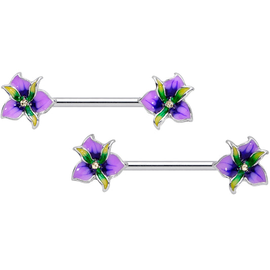 14G 9/16 Clear Gem Purple Iris Flower Barbell Nipple Ring Set