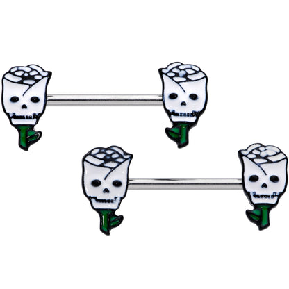 14G 9/16 Skull White Roses Valentine Barbell Nipple Ring Set