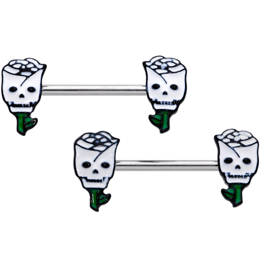 14G 9/16 Skull White Roses Valentine Barbell Nipple Ring Set