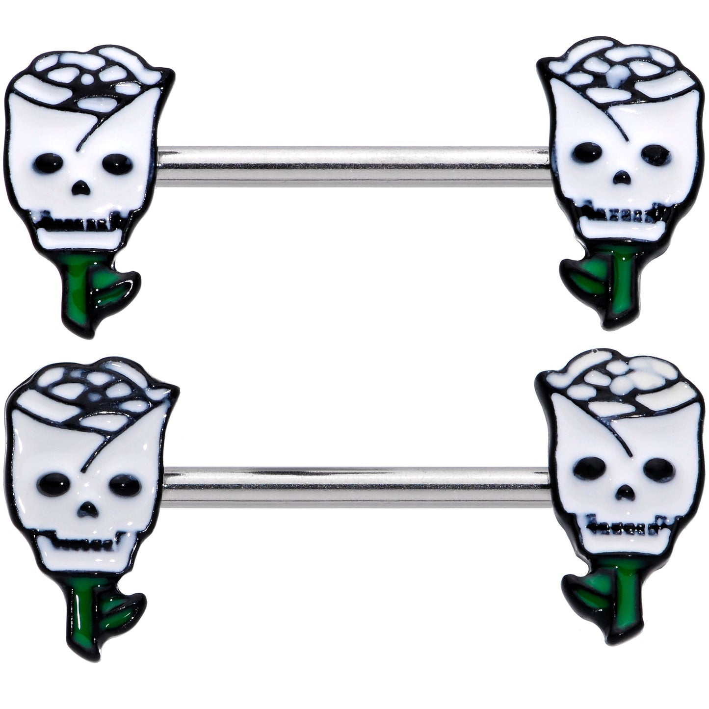 14G 9/16 Skull White Roses Valentine Barbell Nipple Ring Set