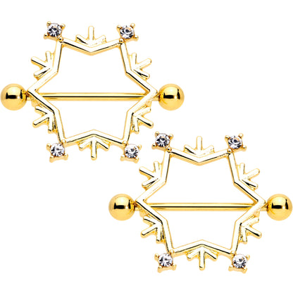 14G 3/4 Clear Gem Gold Tone Snowflake Christmas Nipple Shield Set