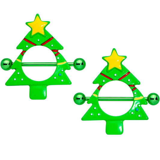14G 5/8 Green Christmas Tree Nipple Shield Set
