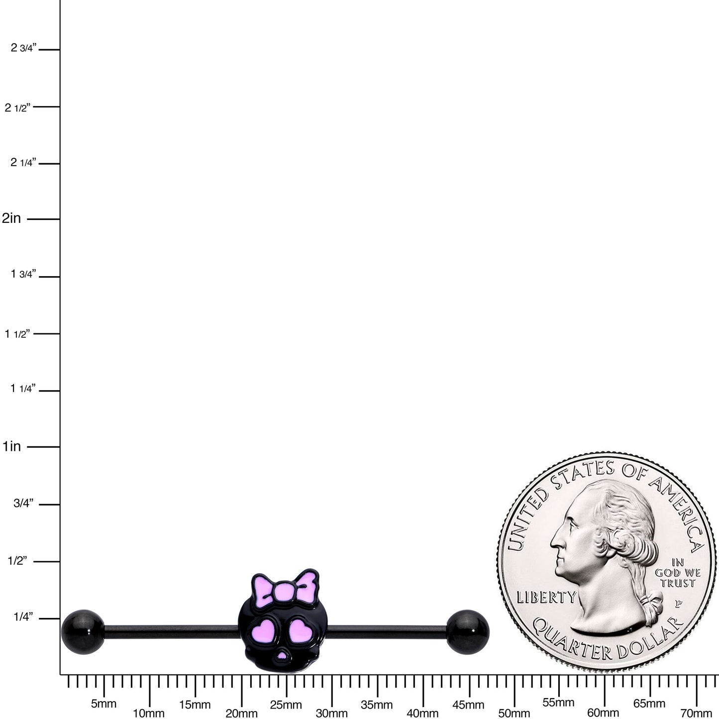 14G Black Heart Bow Black Skull Halloween Industrial Barbell 38mm