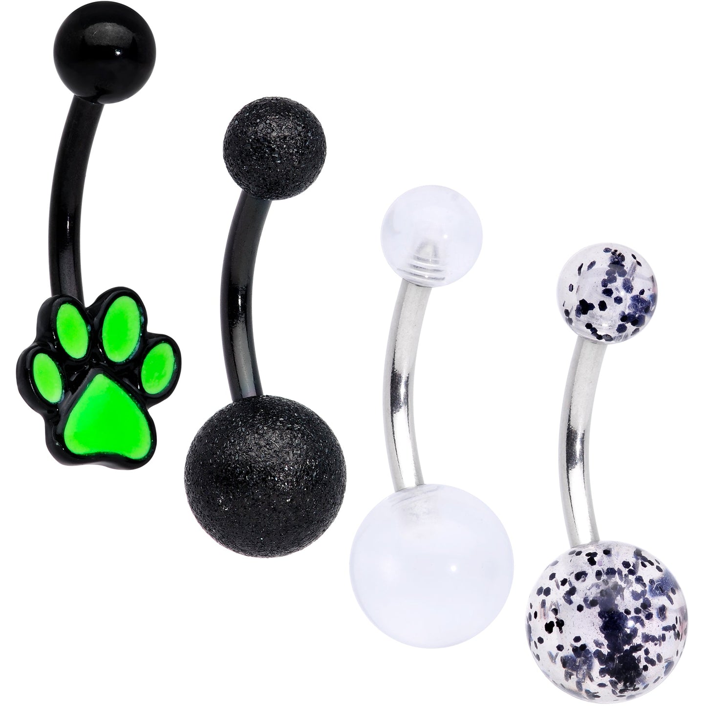 Black Clear Glitter Glow UV Glow Paw Belly Ring Set of 4
