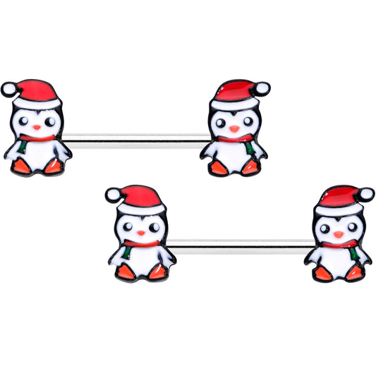 14G 9/16 Santa Penguin Christmas Barbell Nipple Ring Set
