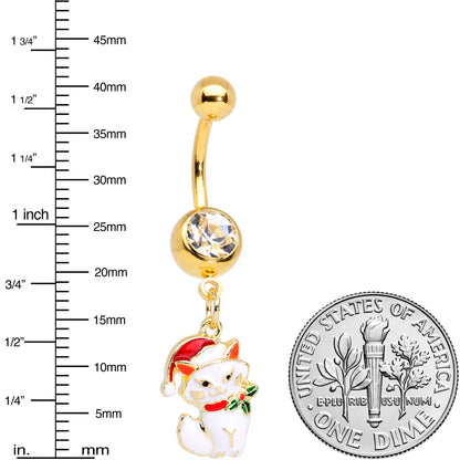Clear Gem Gold Tone White Cat Santa Hat Christmas Dangle Belly Ring