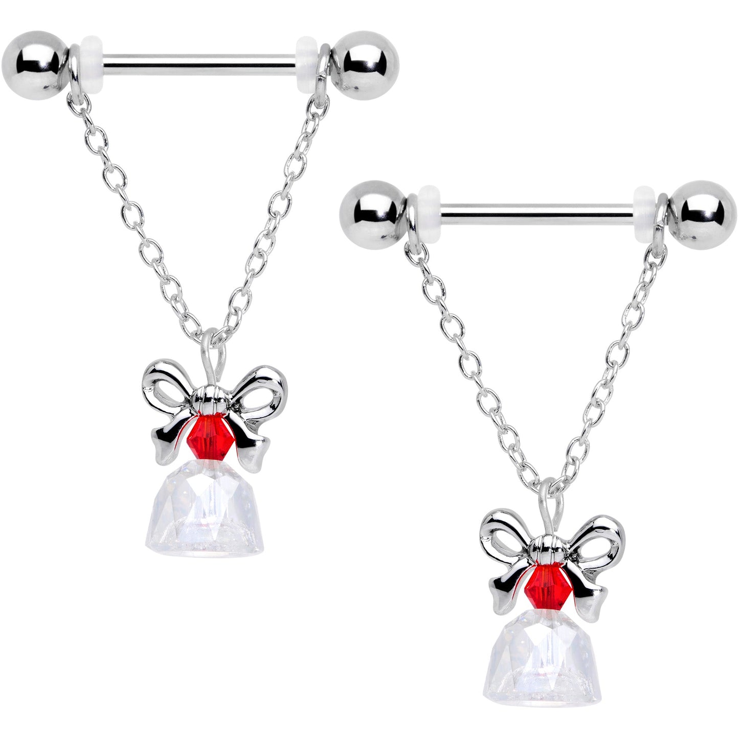 14G 11/16 Red Gem Bell Christmas Chain Dangle Nipple Ring Set