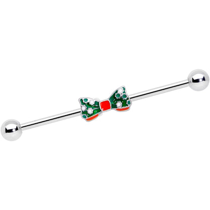 14G Green Red White Bow Christmas Industrial Barbell 38mm