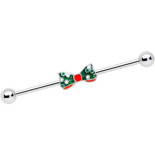14G Green Red White Bow Christmas Industrial Barbell 38mm