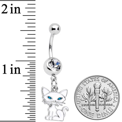 Clear Gem Blue Eyed White Cat Dangle Belly Ring