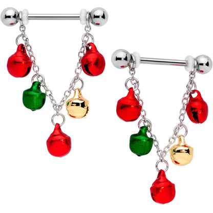 14G 11/16 Red Green Bell Christmas Chain Dangle Nipple Ring Set