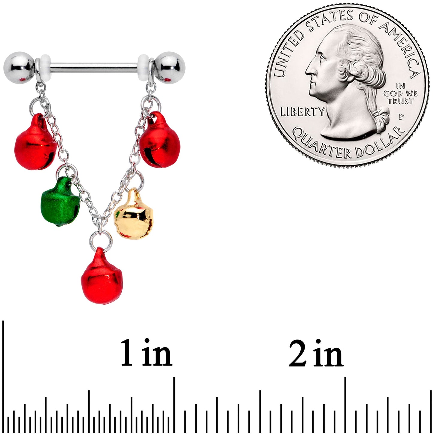 14G 11/16 Red Green Bell Christmas Chain Dangle Nipple Ring Set